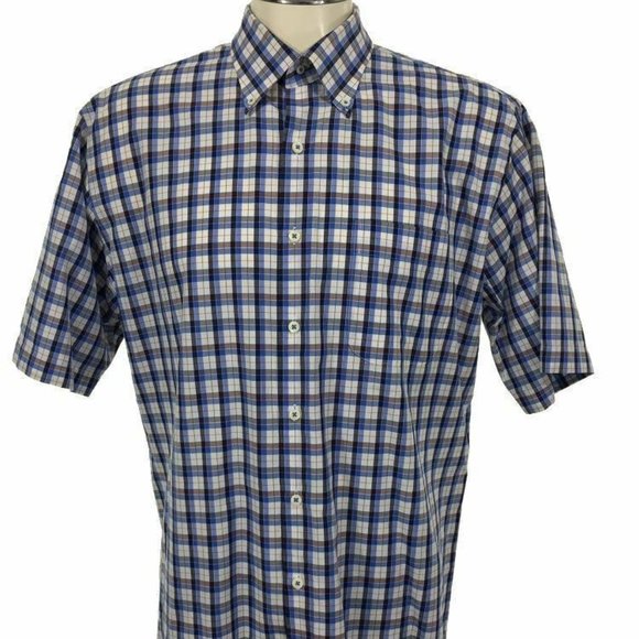 Peter Millar Other - Peter Millar Button Shirt L Blue White Orange Plaid Short Sleeve Golf Mens